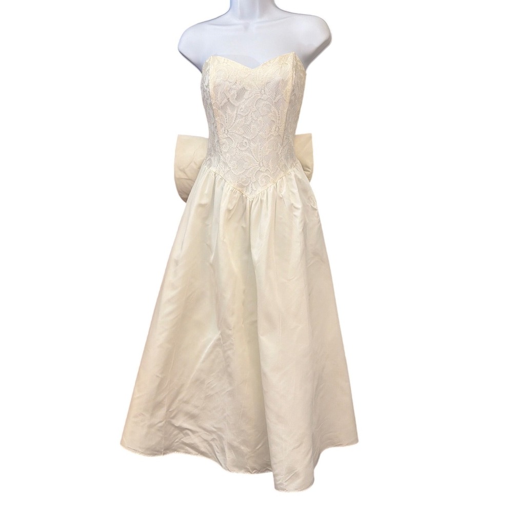 Vintage 80's Exposed Strapless Lace Bow Dress Coquette Bridal Regencycore Party